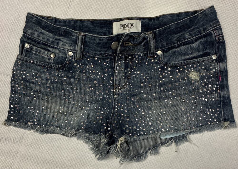 Victoria's Secret PINK Size 2 Rhinestone Bedazzled Blue Jean Shorts Distressed